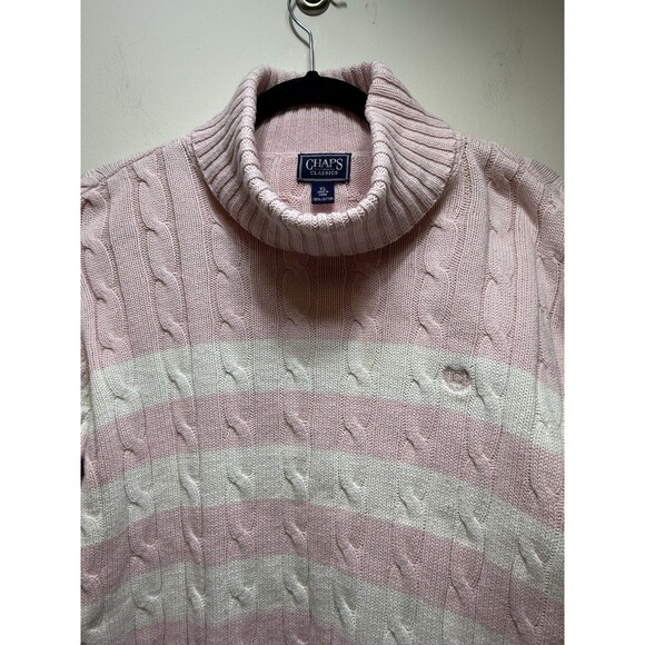 Chaps Sweaters - Vintage Cable Knit Sweater Preppy White With Pink Stripes 100% Cotton Turtleneck